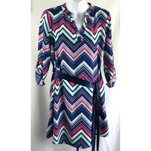 Mini Dress M Blue/Pink Chevron Belted 3/4 Sleeve Hippie Retro Funky 60's 70's